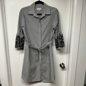 Calvin Klein Womens Black Seersucker Striped Shirt Dress Size 6 Embroidered
